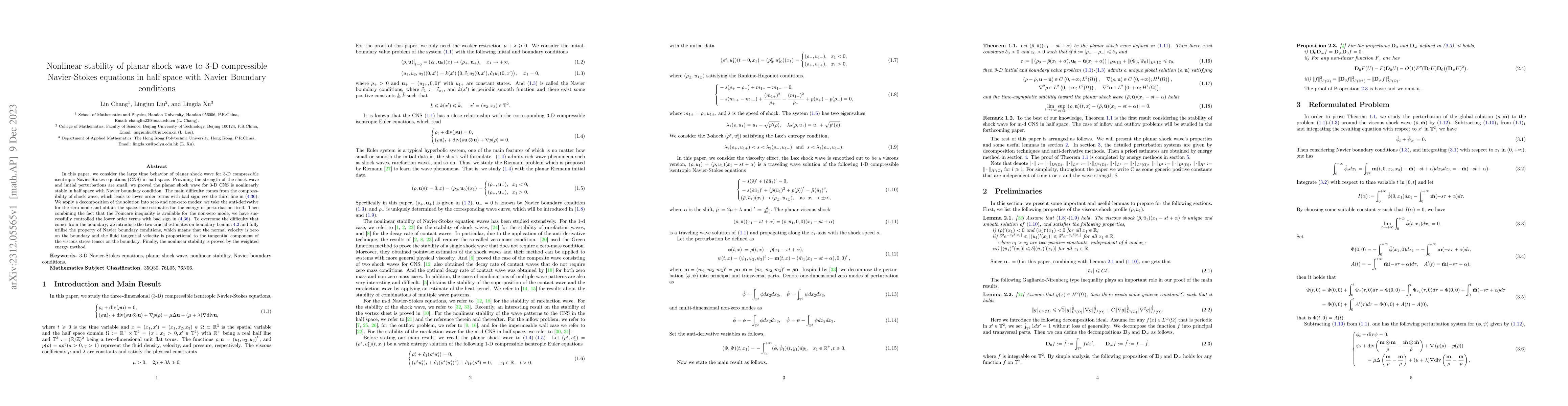 Thumbnail for Nonlinear stability of planar shock wave to 3-D compressible
  Navier-Stokes equations in half space with Navier Boundary conditions