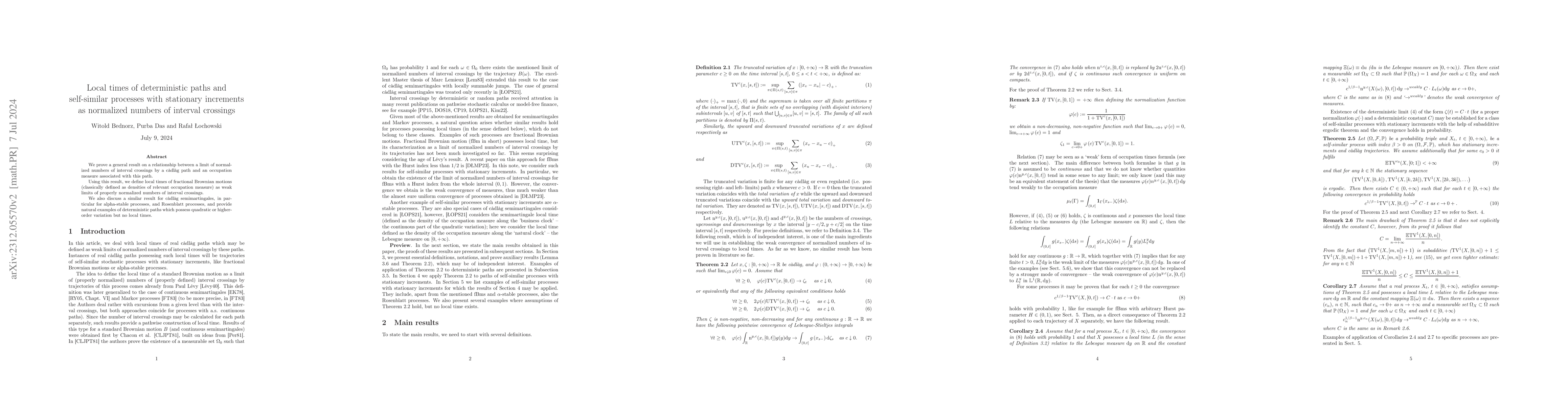 Thumbnail for Local times of deterministic paths and self-similar processes with
  stationary increments as normalized numbers of interval crossings