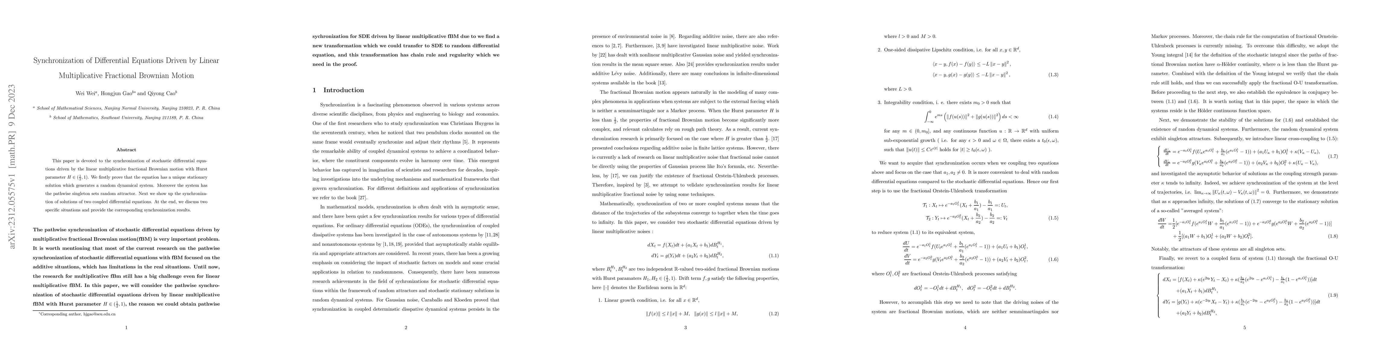 Thumbnail for Synchronization of Differential Equations Driven by Linear
  Multiplicative Fractional Brownian Motion