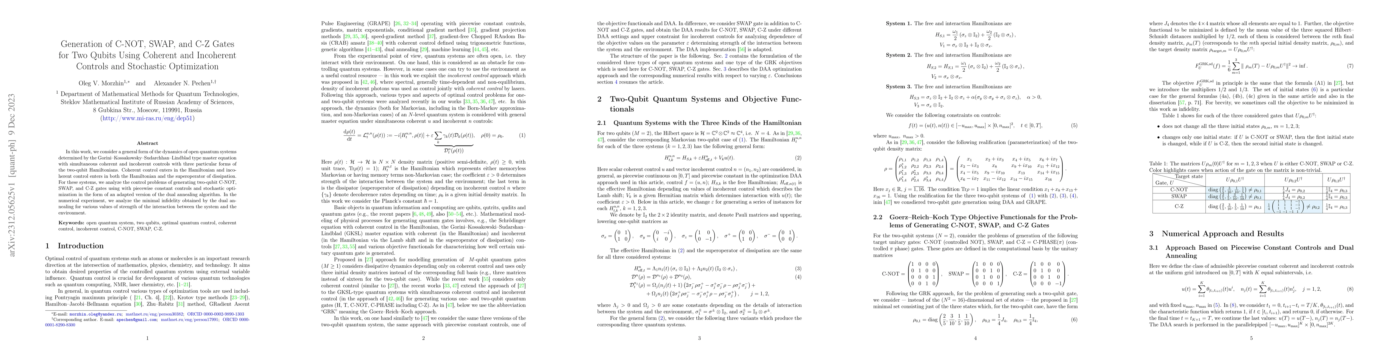 Thumbnail for Generation of C-NOT, SWAP, and C-Z Gates for Two Qubits Using Coherent
  and Incoherent Controls and Stochastic Optimization