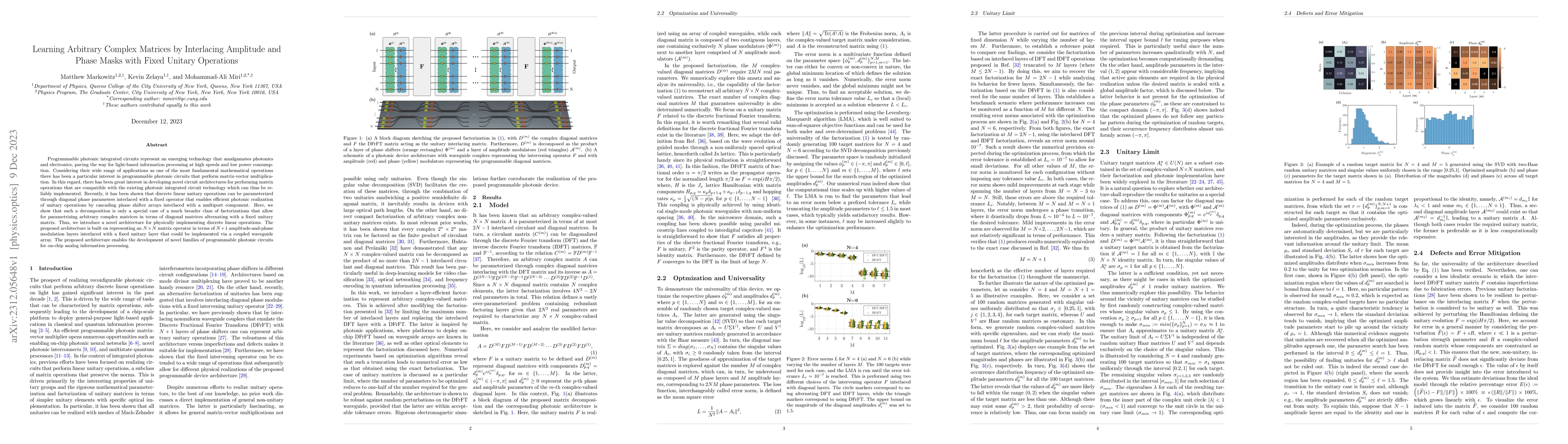 Thumbnail for Learning Arbitrary Complex Matrices by Interlacing Amplitude and Phase
  Masks with Fixed Unitary Operations