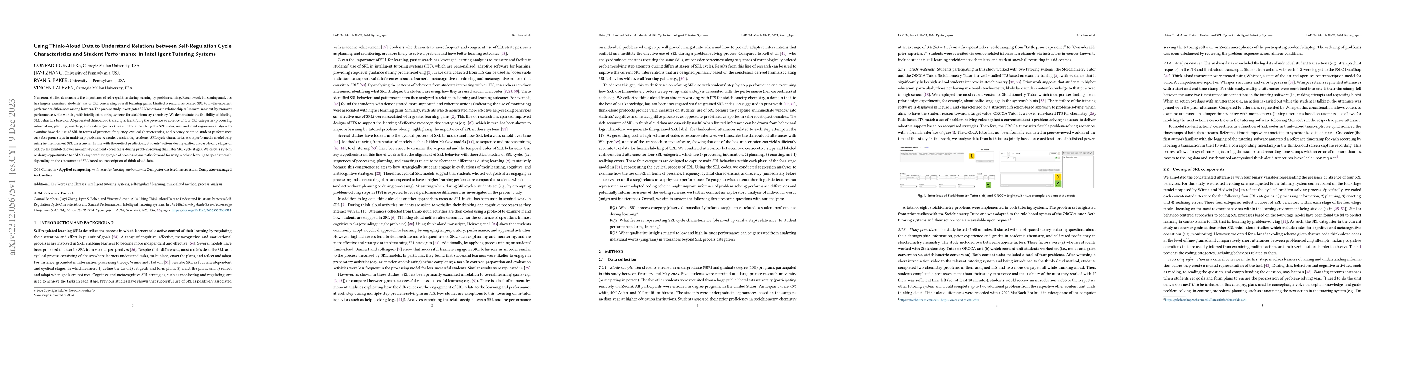 Thumbnail for Using Think-Aloud Data to Understand Relations between Self-Regulation
  Cycle Characteristics and Student Performance in Intelligent Tutoring Systems