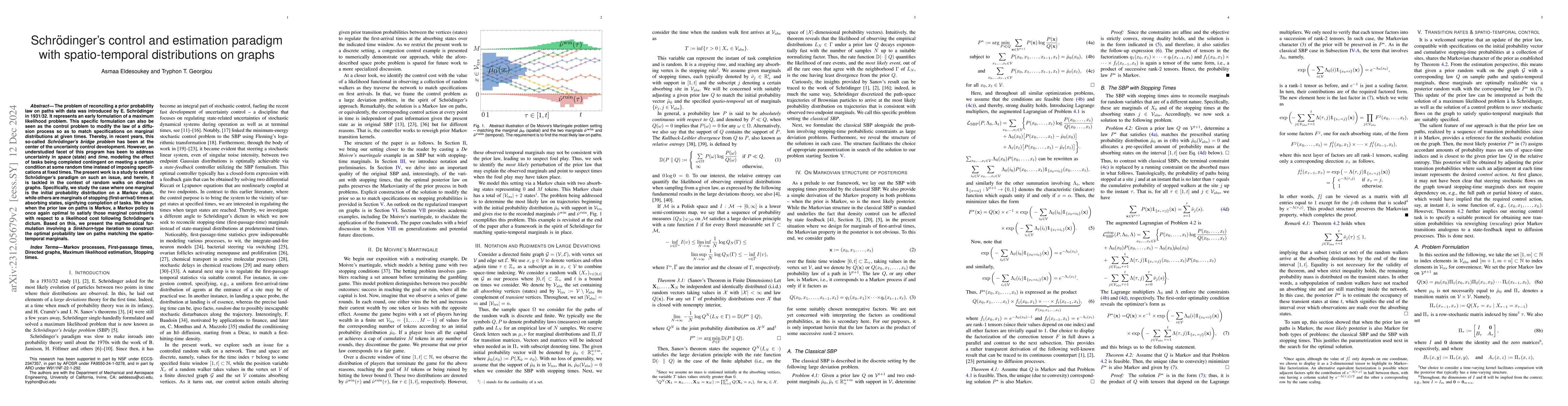 Thumbnail for Schr\"odinger's control and estimation paradigm with spatio-temporal
  distributions on graphs