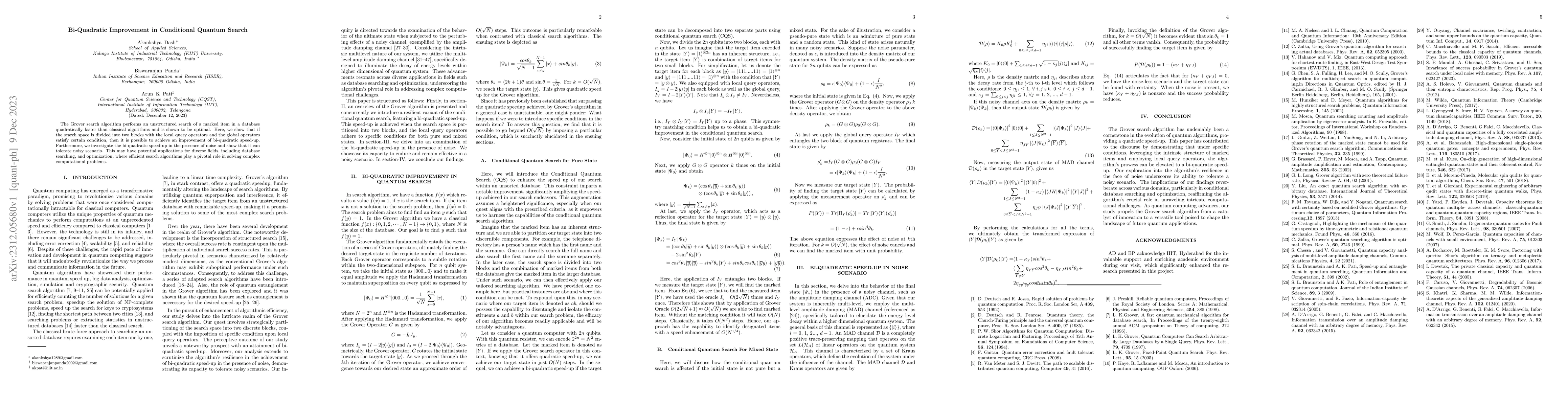 Thumbnail for Bi-Quadratic Improvement in Conditional Quantum Search