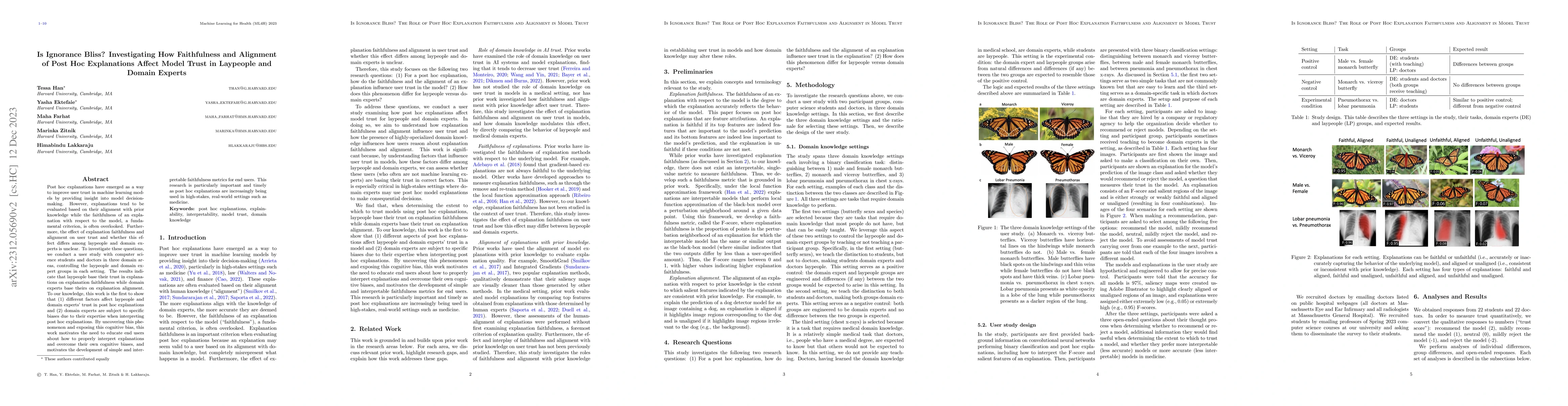 Thumbnail for Is Ignorance Bliss? The Role of Post Hoc Explanation Faithfulness and
  Alignment in Model Trust in Laypeople and Domain Experts