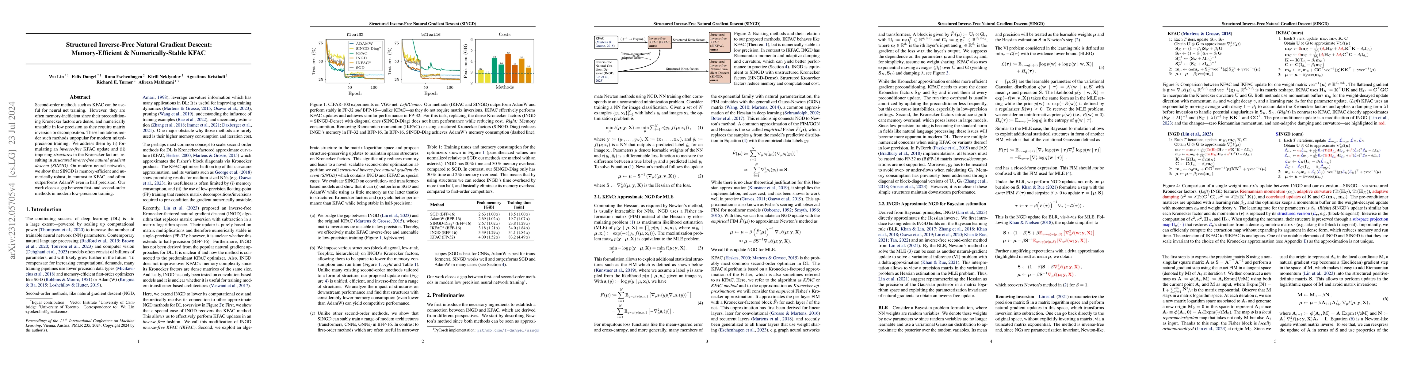 Thumbnail for Structured Inverse-Free Natural Gradient: Memory-Efficient &
  Numerically-Stable KFAC