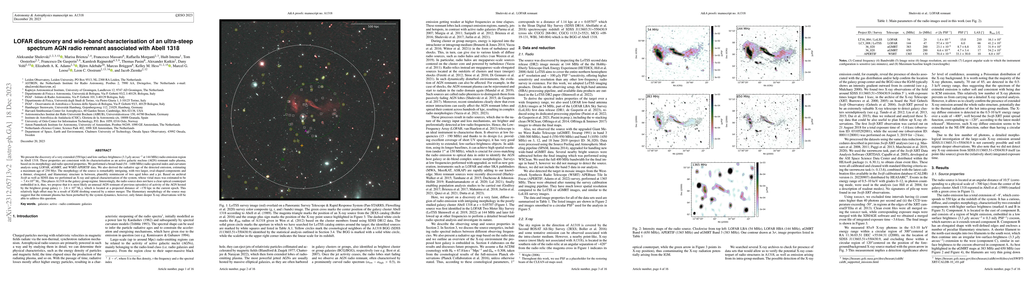 Thumbnail for LOFAR discovery and wide-band characterisation of an ultra-steep
  spectrum AGN radio remnant associated with Abell 1318