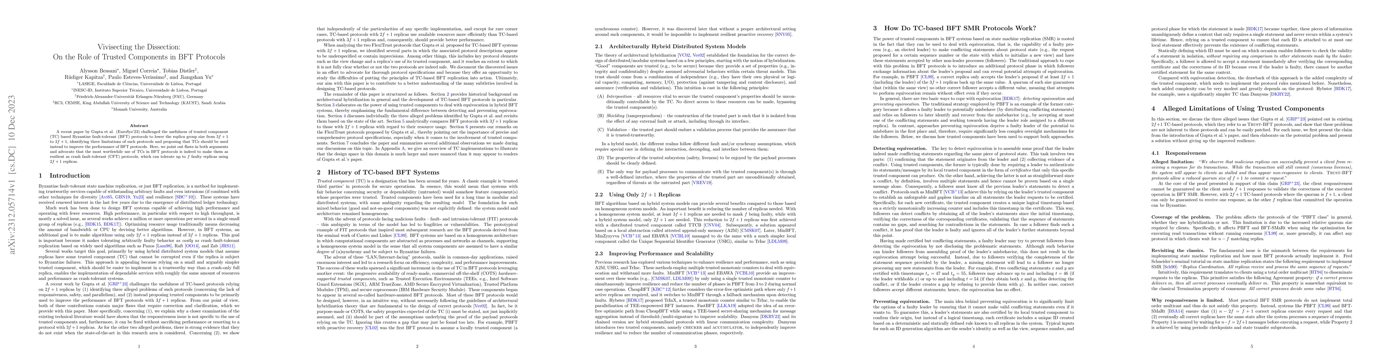 Thumbnail for Vivisecting the Dissection: On the Role of Trusted Components in BFT
  Protocols