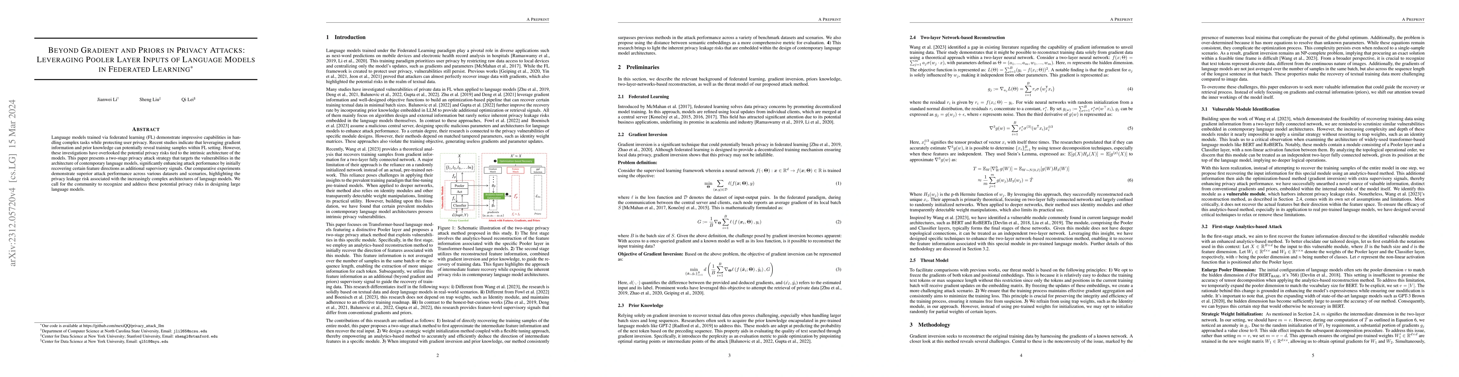 Thumbnail for Beyond Gradient and Priors in Privacy Attacks: Leveraging Pooler Layer
  Inputs of Language Models in Federated Learning