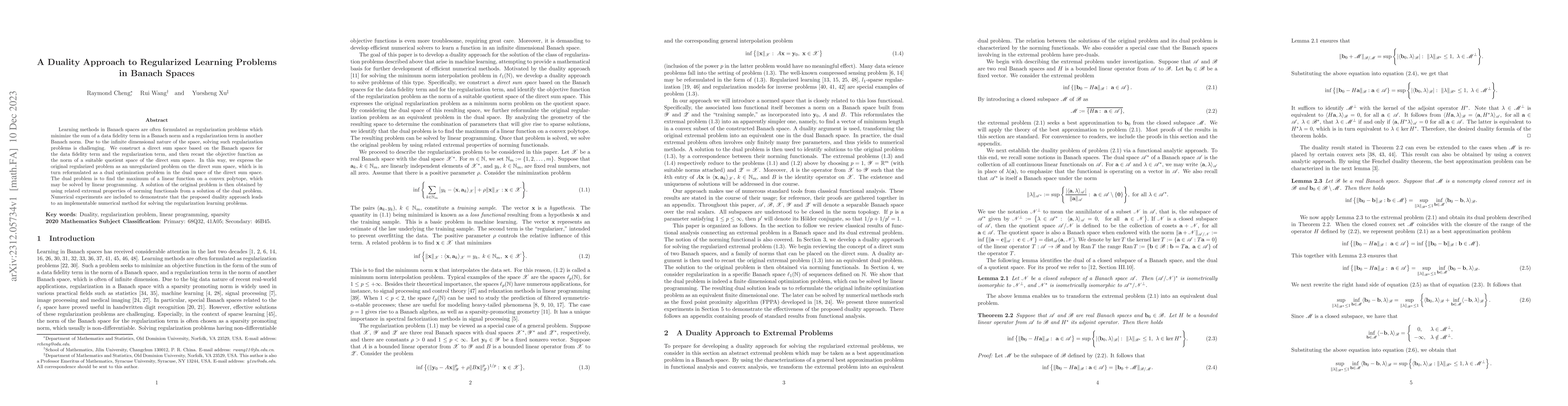Thumbnail for A Duality Approach to Regularized Learning Problems in Banach Spaces