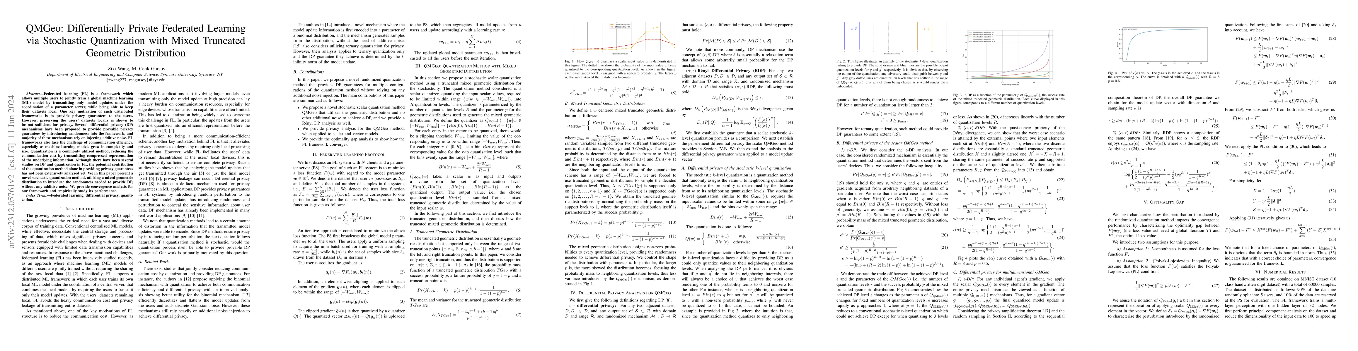 Thumbnail for QMGeo: Differentially Private Federated Learning via Stochastic
  Quantization with Mixed Truncated Geometric Distribution