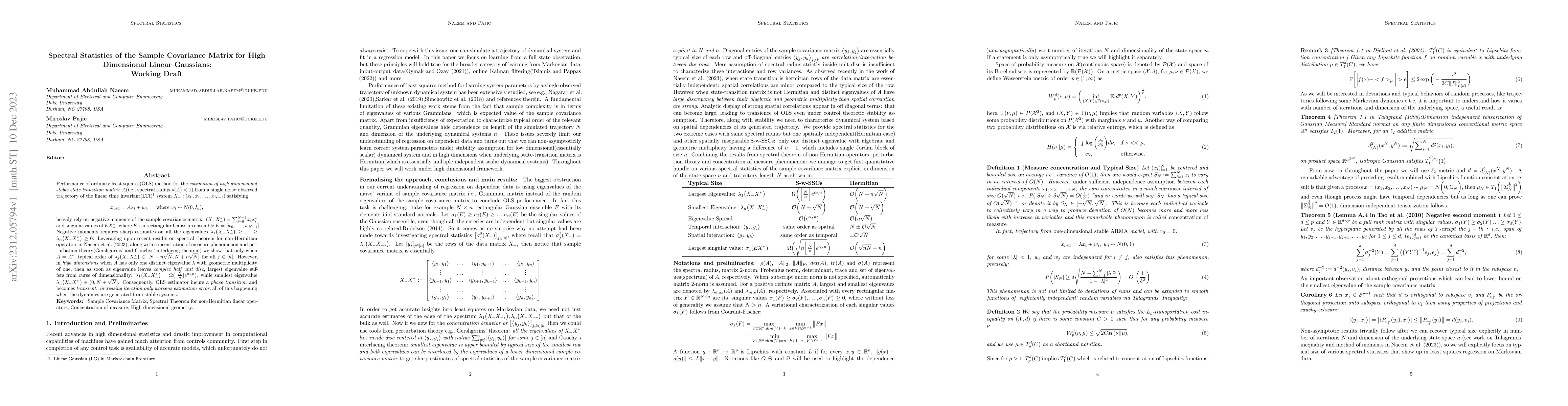 Thumbnail for Spectral Statistics of the Sample Covariance Matrix for High Dimensional
  Linear Gaussians