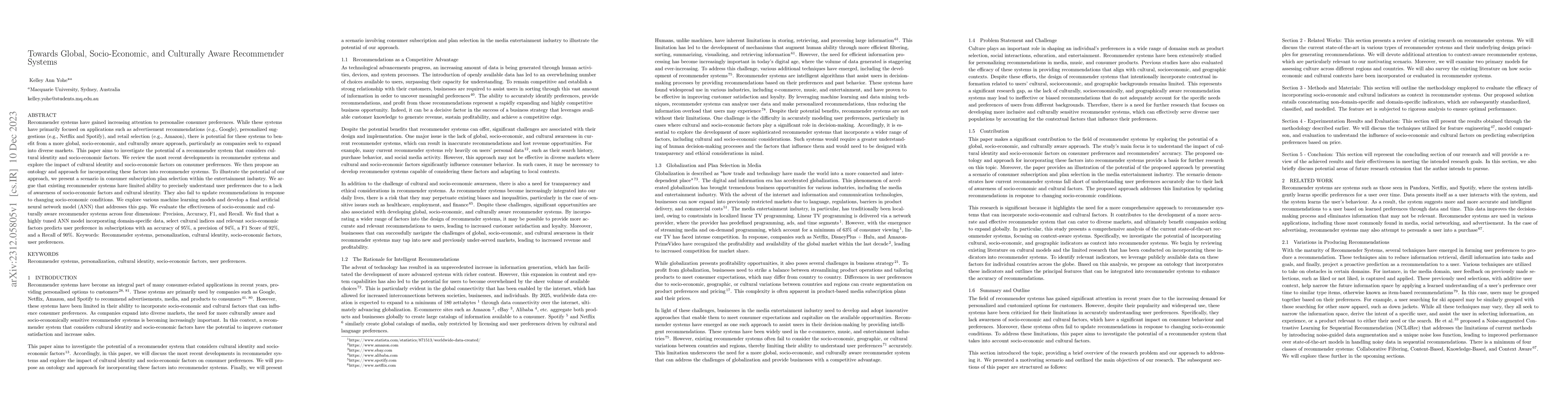 Thumbnail for Towards Global, Socio-Economic, and Culturally Aware Recommender Systems