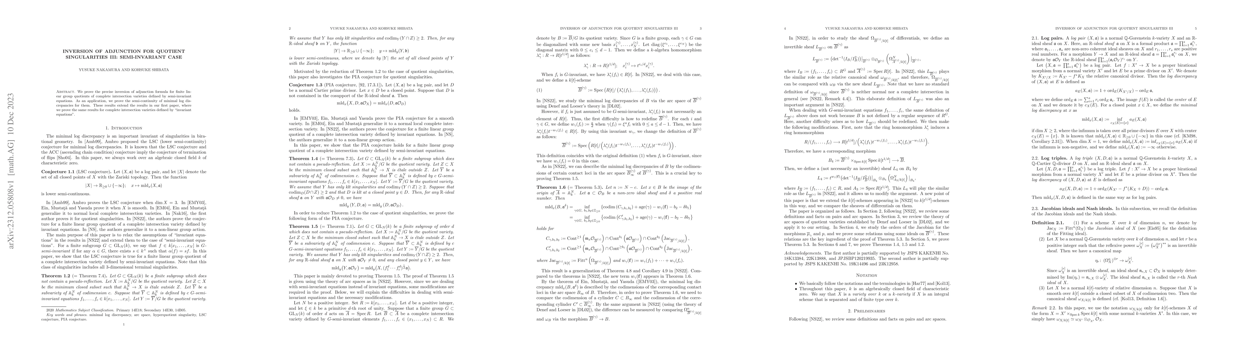 Thumbnail for Inversion of adjunction for quotient singularities III: semi-invariant
  case