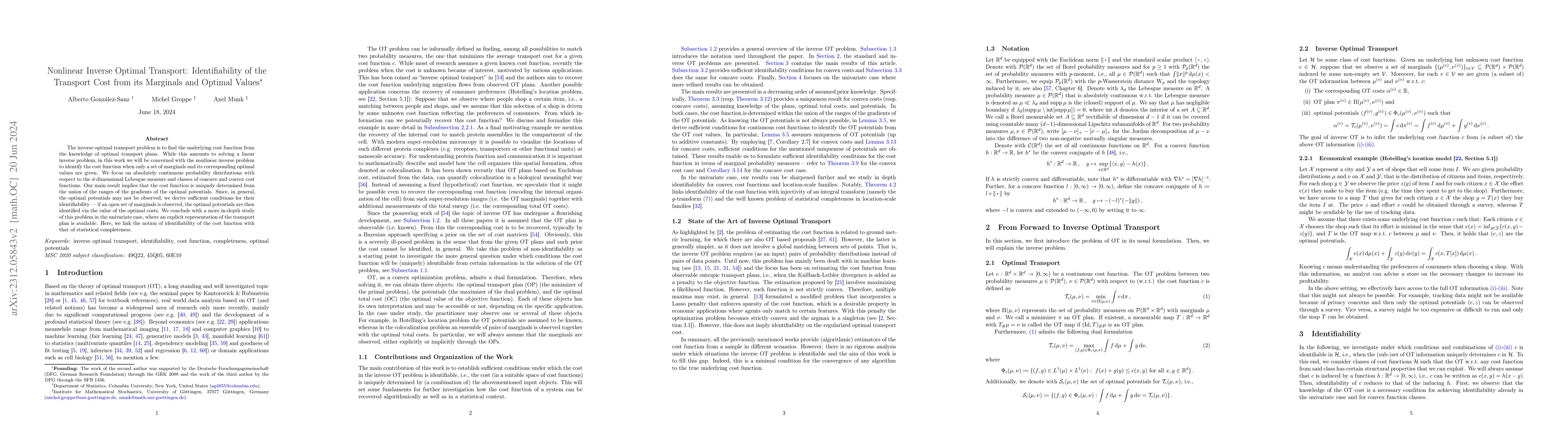 Thumbnail for Nonlinear Inverse Optimal Transport: Identifiability of the Transport
  Cost from its Marginals and Optimal Values
