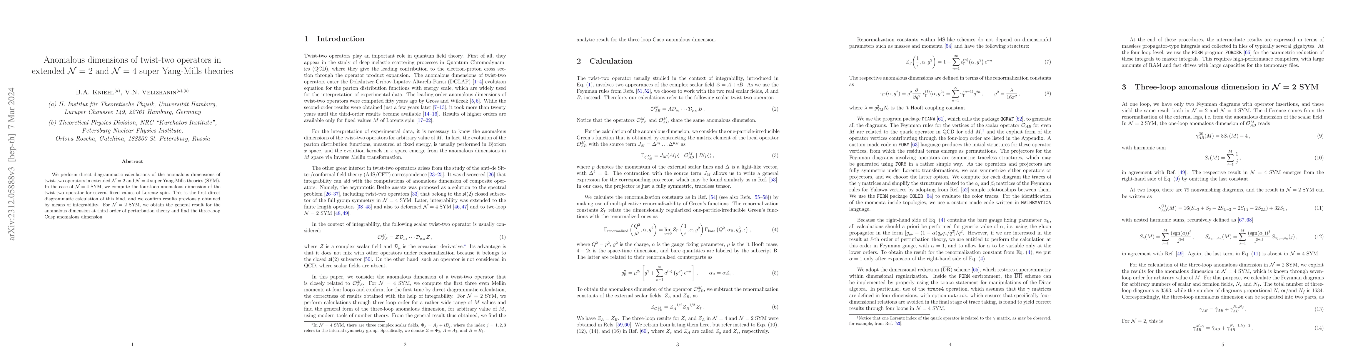Thumbnail for Anomalous dimensions of twist-two operators in extended N=2 and N=4
  super Yang-Mills theories