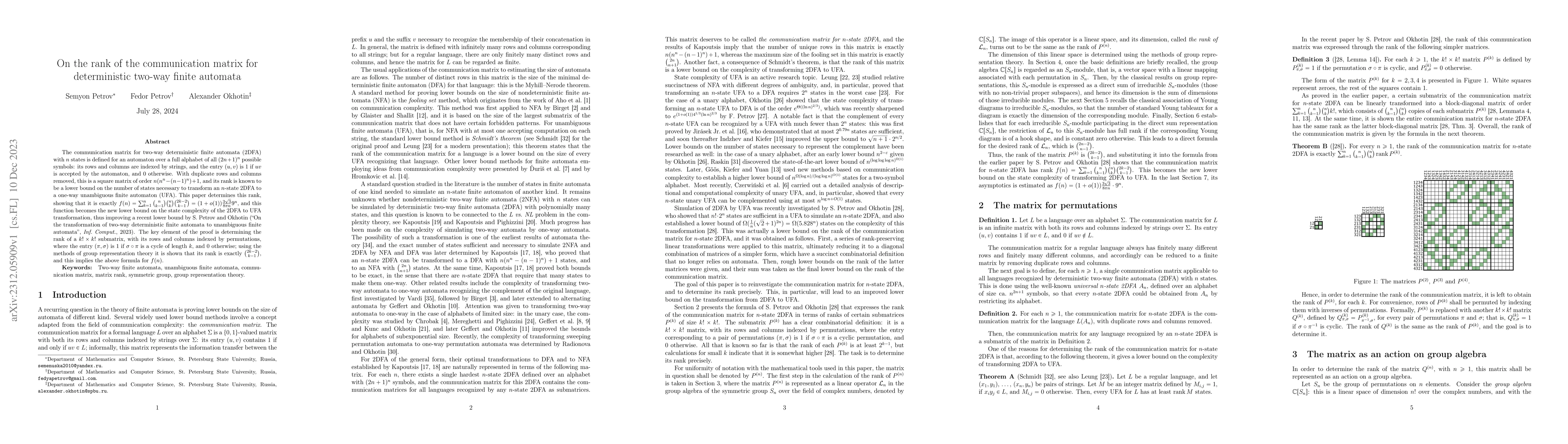 Thumbnail for On the rank of the communication matrix for deterministic two-way finite
  automata