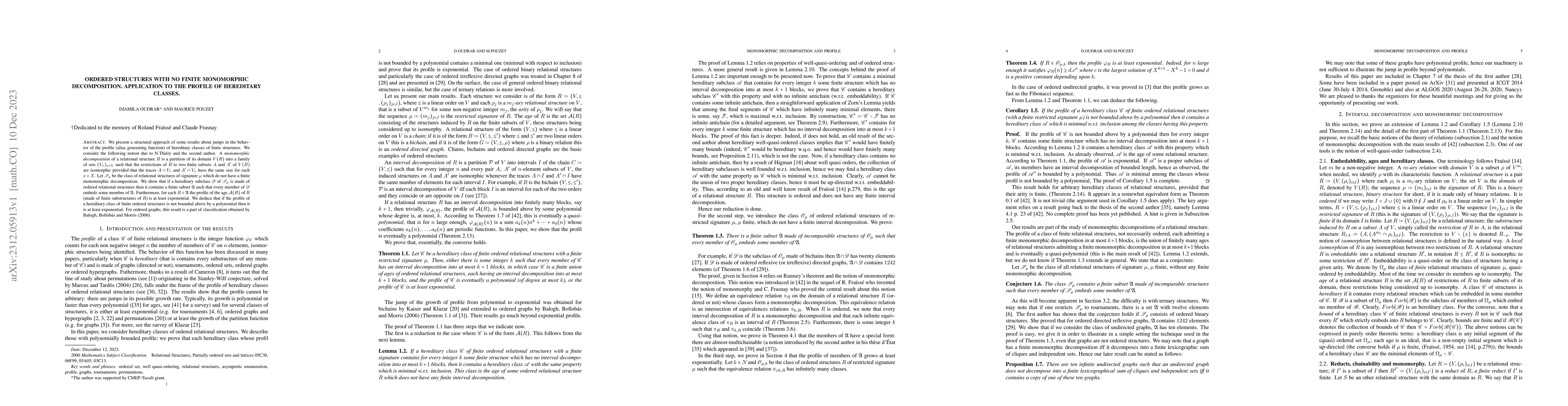 Thumbnail for Ordered structures with no finite monomorphic decomposition. Application
  to the profile of hereditary classes