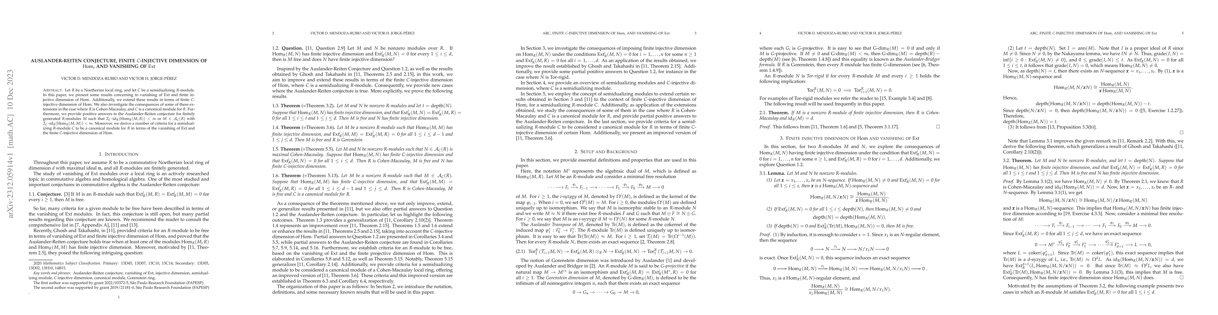 Thumbnail for Auslander-Reiten Conjecture, Finite $C$-Injective Dimension of
  $\operatorname{Hom}$, and vanishing of $\operatorname{Ext}$