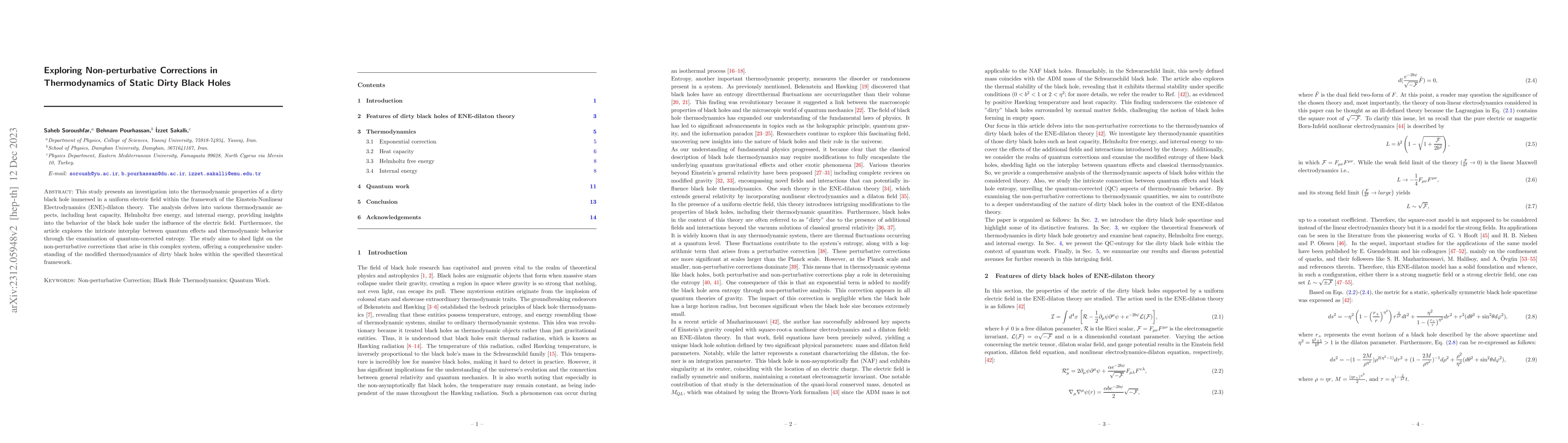 Thumbnail for Exploring Non-perturbative Corrections in Thermodynamics of Static Dirty
  Black Holes