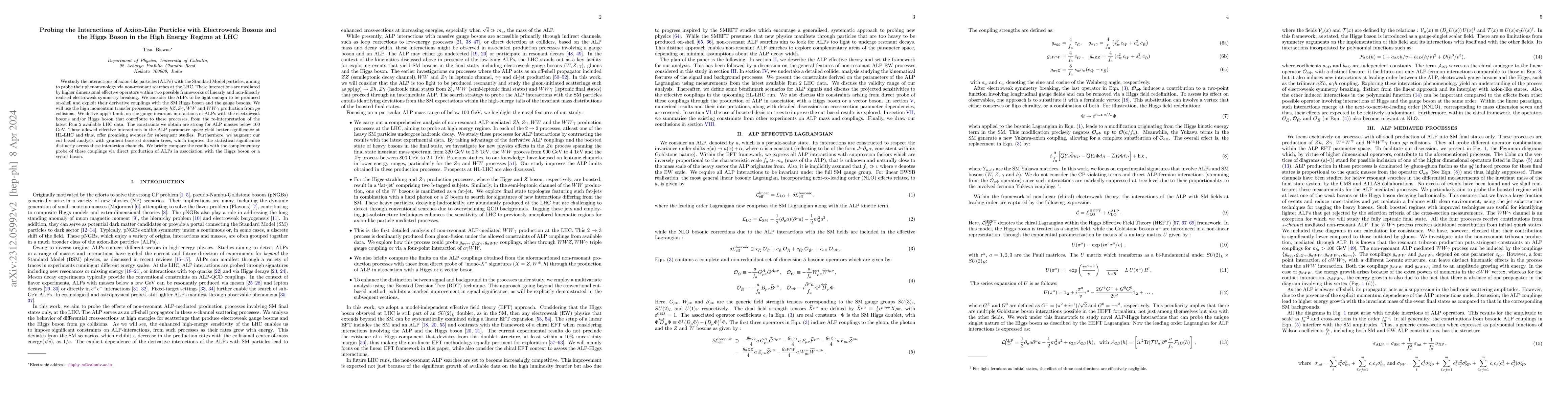 Thumbnail for Probing the Interactions of Axion-Like Particles with Electroweak Bosons
  and the Higgs Boson in the High Energy Regime at LHC