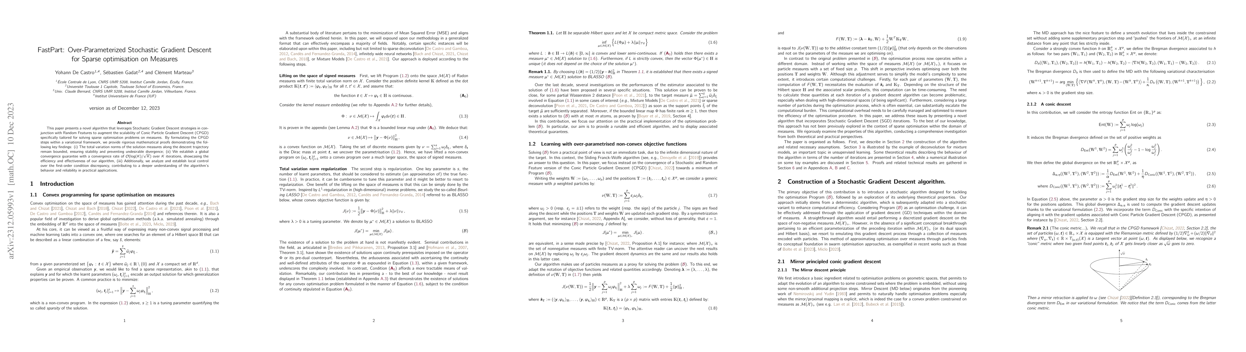 Thumbnail for FastPart: Over-Parameterized Stochastic Gradient Descent for Sparse
  optimisation on Measures