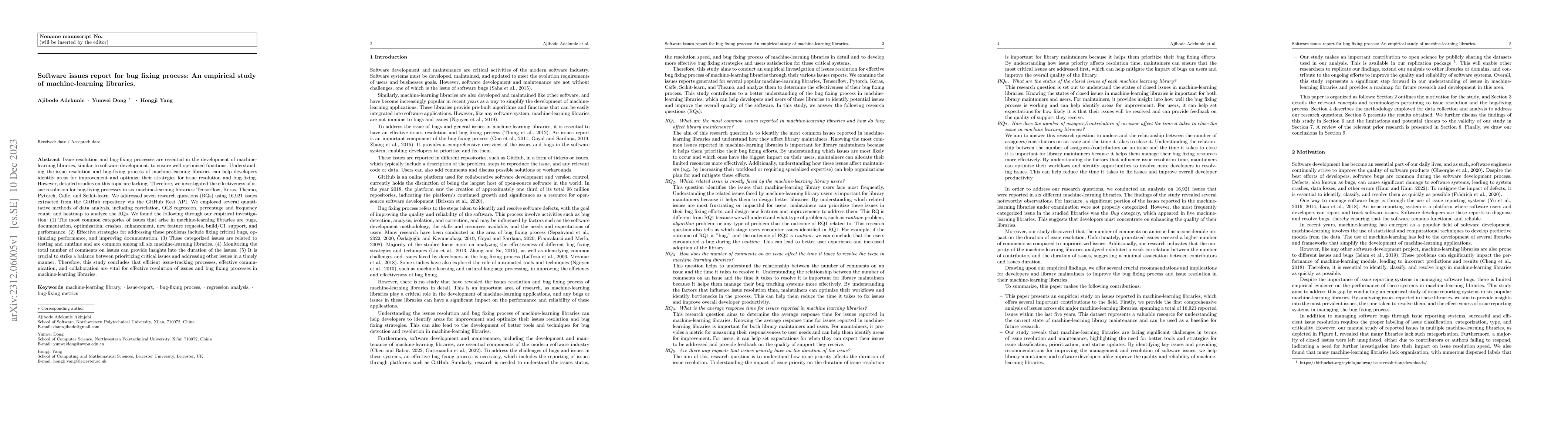 Thumbnail for Software issues report for bug fixing process: An empirical study of
  machine-learning libraries