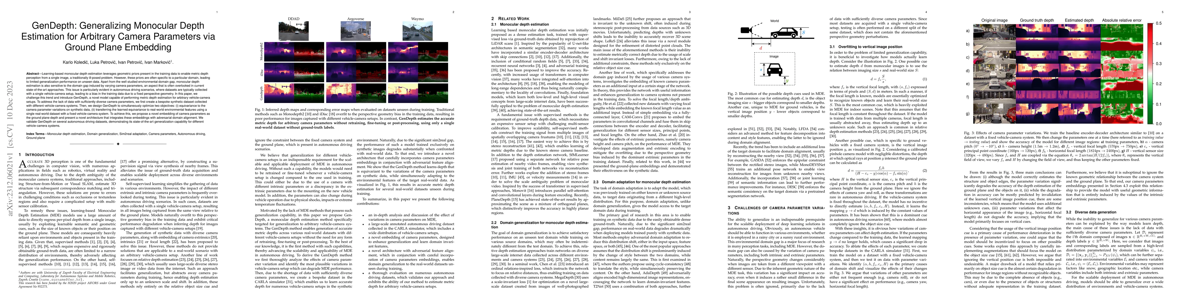 Thumbnail for GenDepth: Generalizing Monocular Depth Estimation for Arbitrary Camera
  Parameters via Ground Plane Embedding