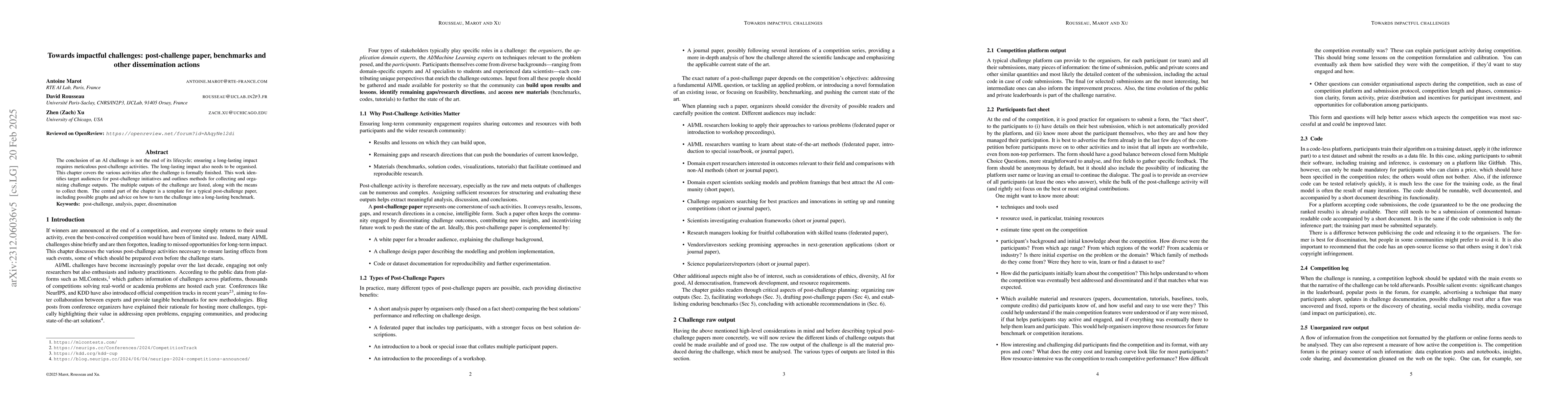 Thumbnail for AI Competitions and Benchmarks: towards impactful challenges with
  post-challenge papers, benchmarks and other dissemination actions