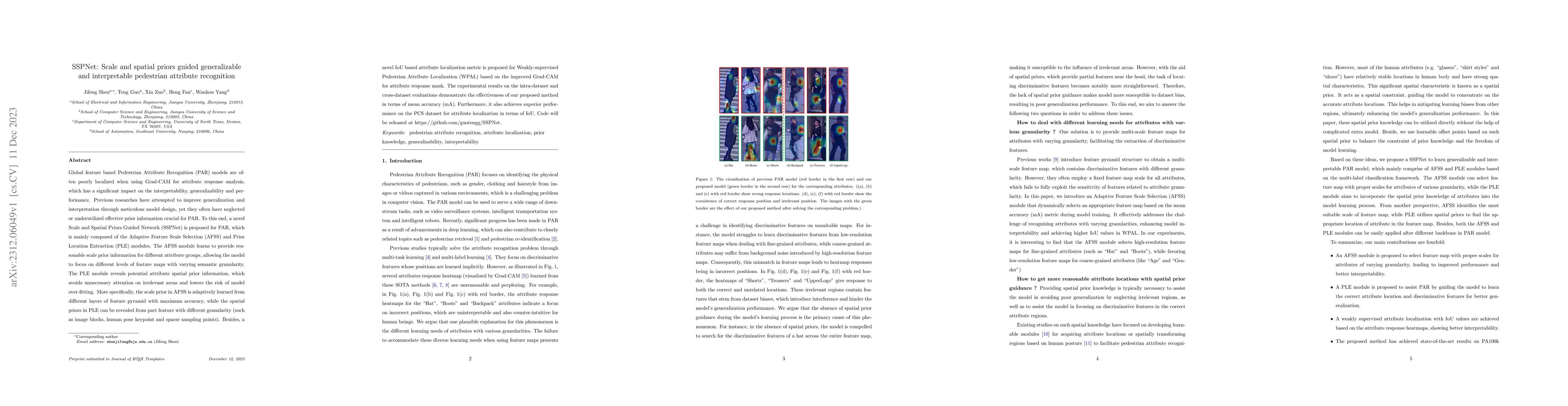 Thumbnail for SSPNet: Scale and Spatial Priors Guided Generalizable and Interpretable
  Pedestrian Attribute Recognition