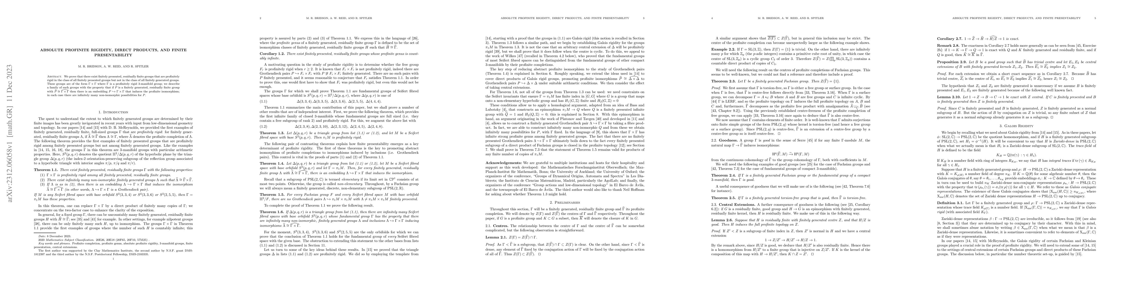 Thumbnail for Absolute profinite rigidity, direct products, and finite presentability