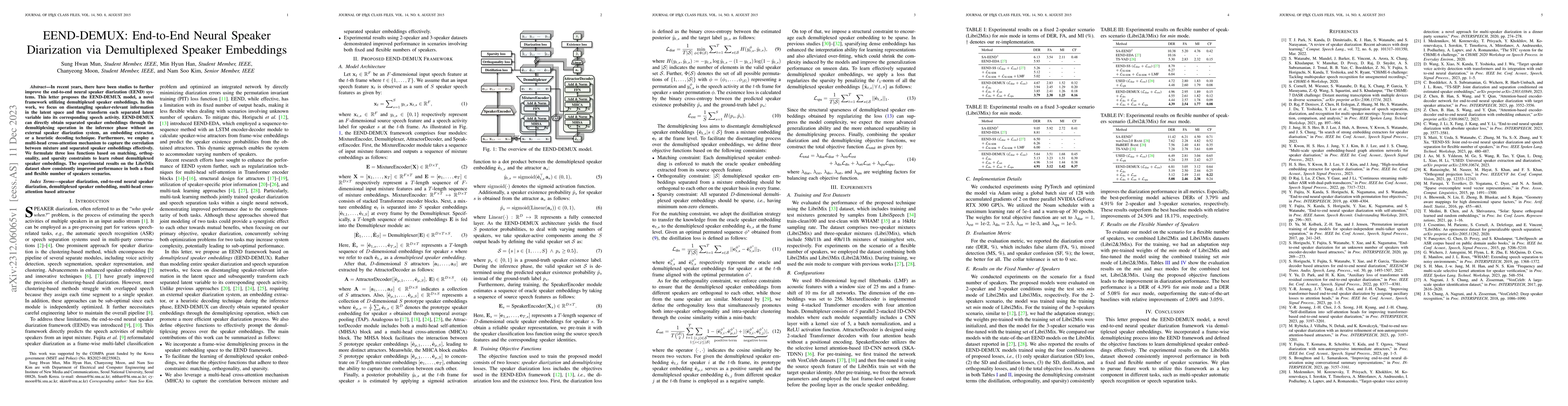 Thumbnail for EEND-DEMUX: End-to-End Neural Speaker Diarization via Demultiplexed
  Speaker Embeddings