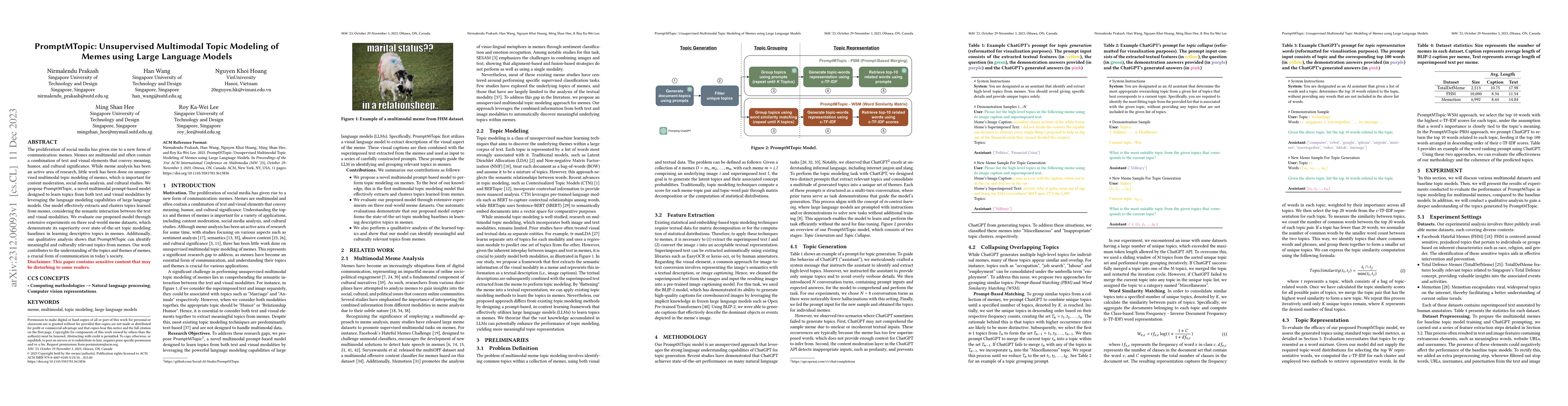 Thumbnail for PromptMTopic: Unsupervised Multimodal Topic Modeling of Memes using
  Large Language Models