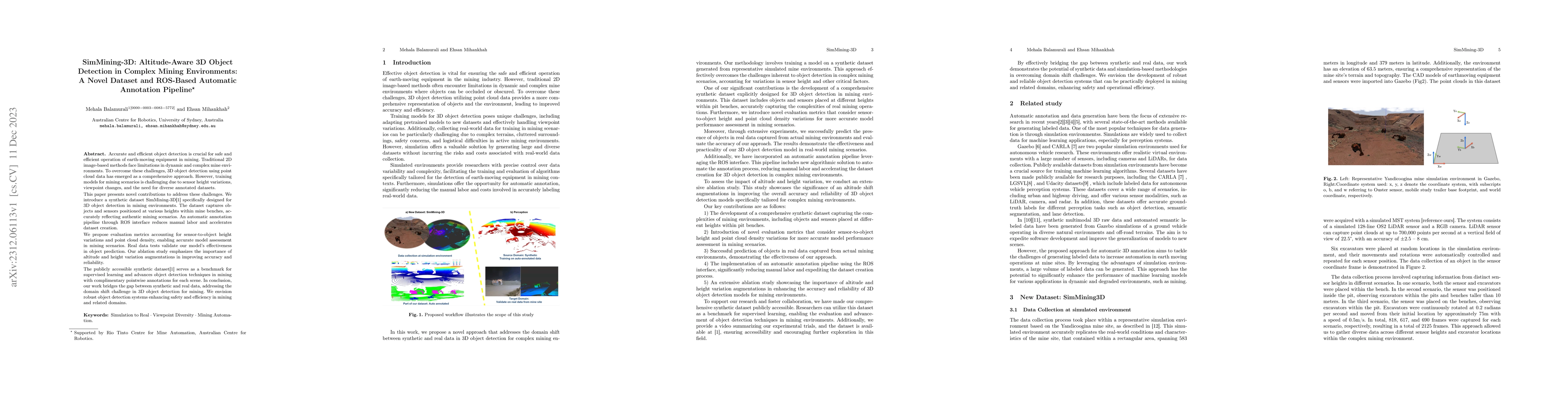 Thumbnail for SimMining-3D: Altitude-Aware 3D Object Detection in Complex Mining
  Environments: A Novel Dataset and ROS-Based Automatic Annotation Pipeline