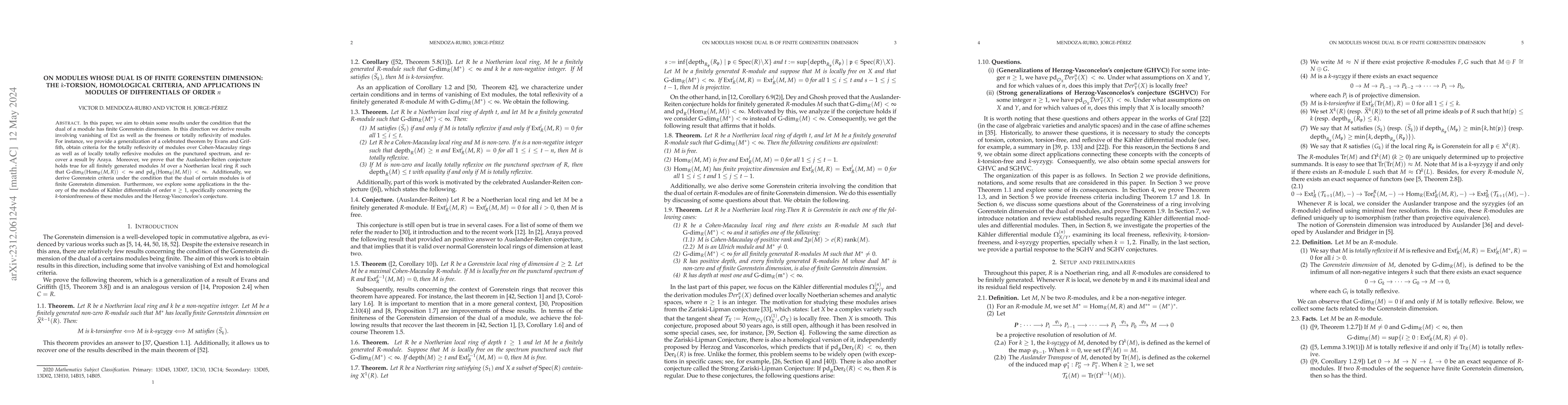 Thumbnail for On modules whose dual is of finite Gorenstein dimension: The
  $k$-torsion, homological criteria, and applications in modules of
  differentials of order $n$