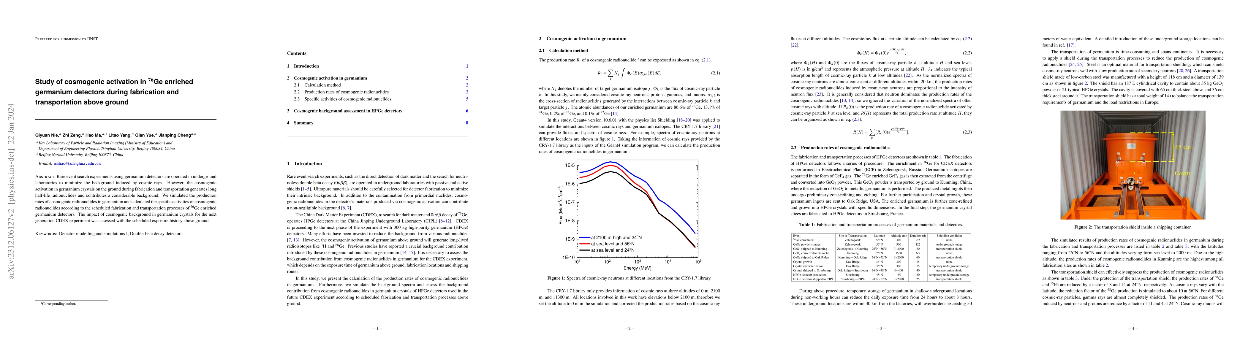 Thumbnail for Study of cosmogenic activation in $^{76}$Ge enriched germanium detectors
  during fabrication and transportation above ground