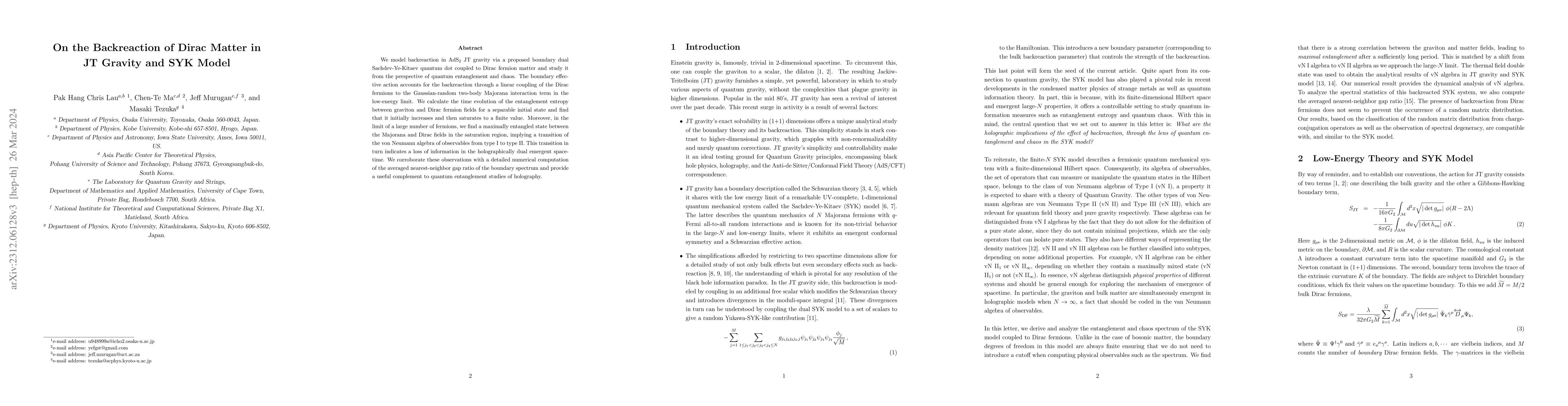 Thumbnail for On the Backreaction of Dirac Matter in JT Gravity and SYK Model