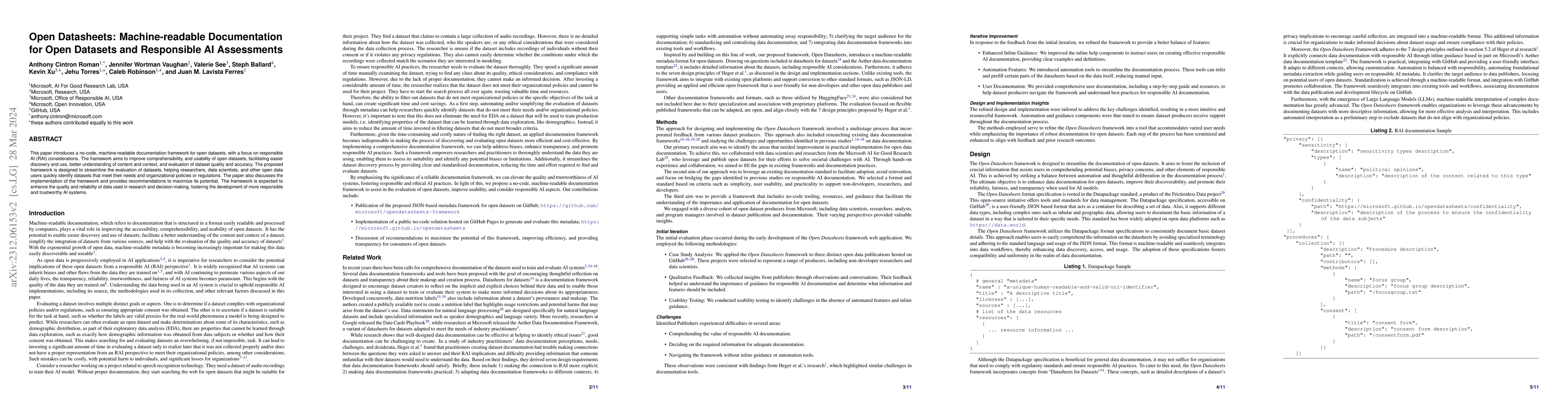 Thumbnail for Open Datasheets: Machine-readable Documentation for Open Datasets and
  Responsible AI Assessments