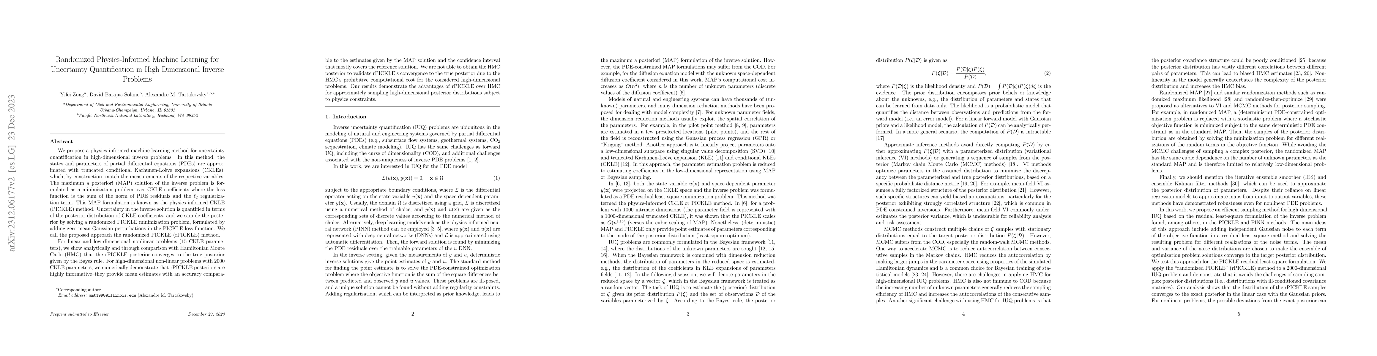 Thumbnail for Randomized Physics-Informed Machine Learning for Uncertainty
  Quantification in High-Dimensional Inverse Problems