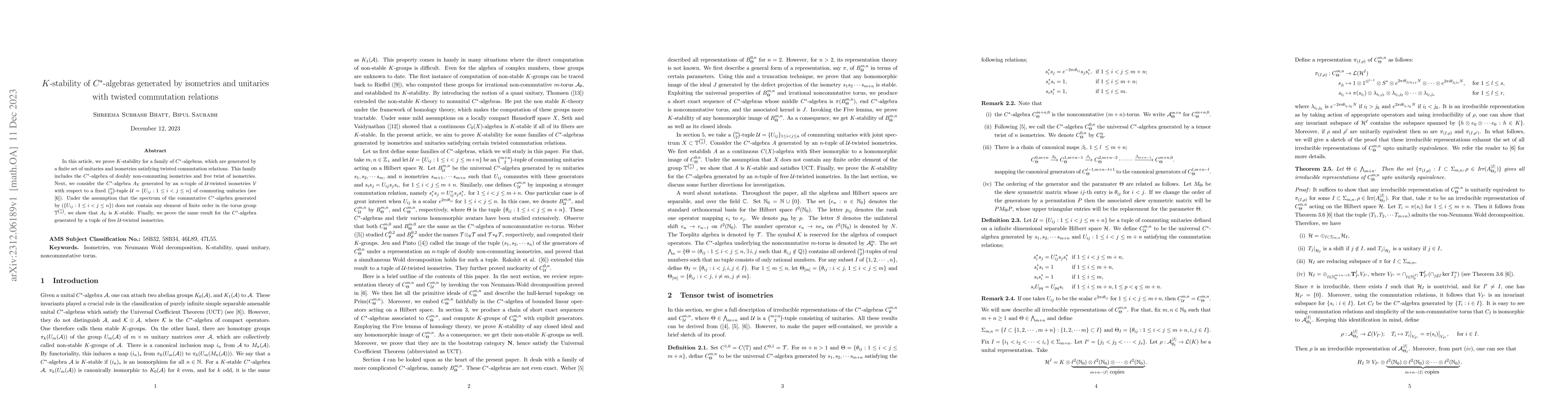 Thumbnail for $K$-stability of $C^*$-algebras generated by isometries and unitaries
  with twisted commutation relations