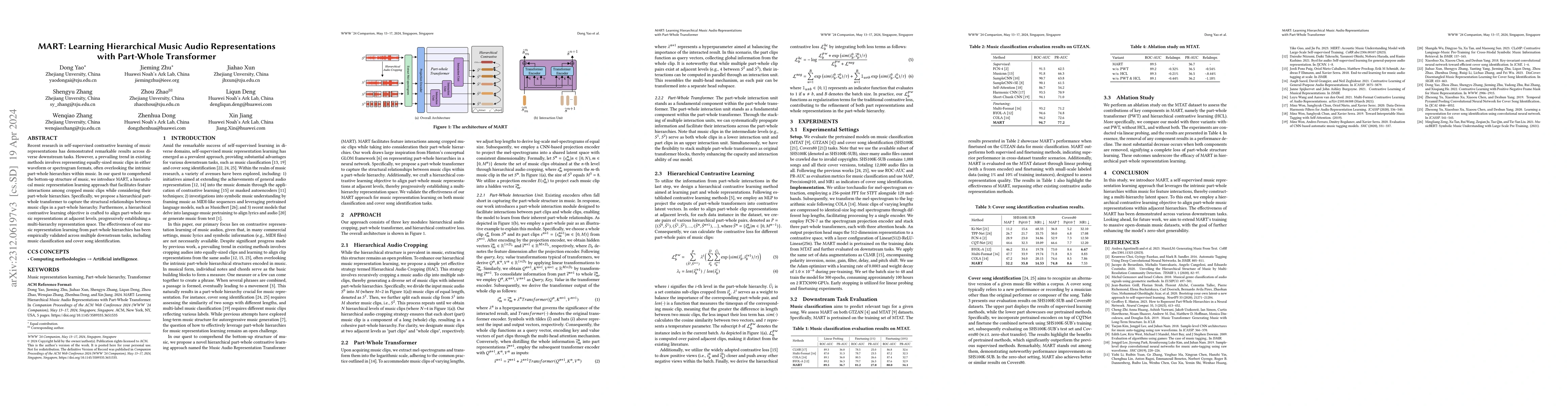 Thumbnail for MART: Learning Hierarchical Music Audio Representations with Part-Whole
  Transformer
