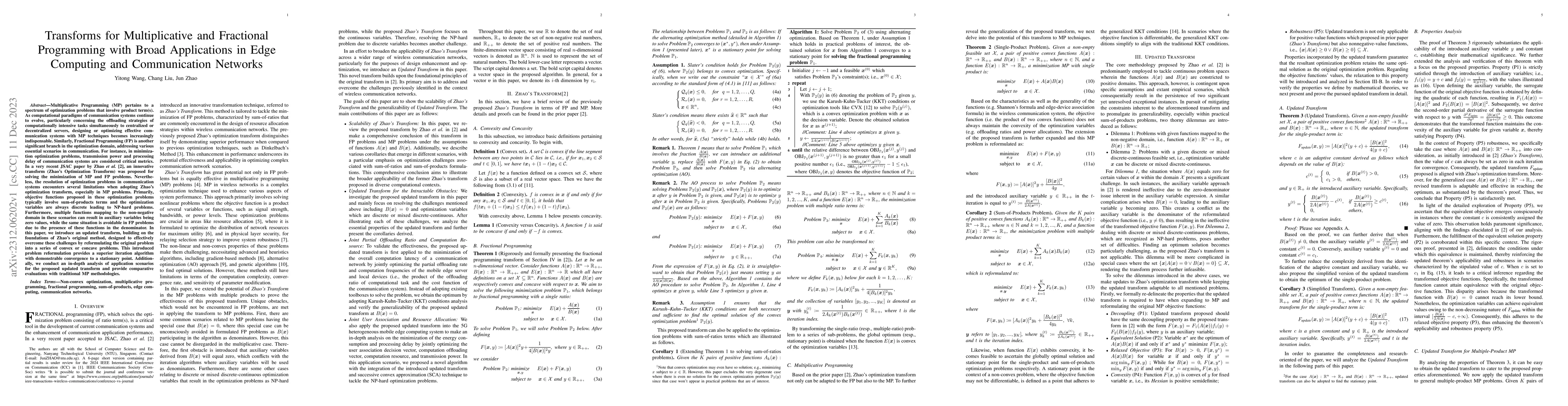 Thumbnail for Transforms for Multiplicative and Fractional Programming with Broad
  Applications in Edge Computing and Communication Networks