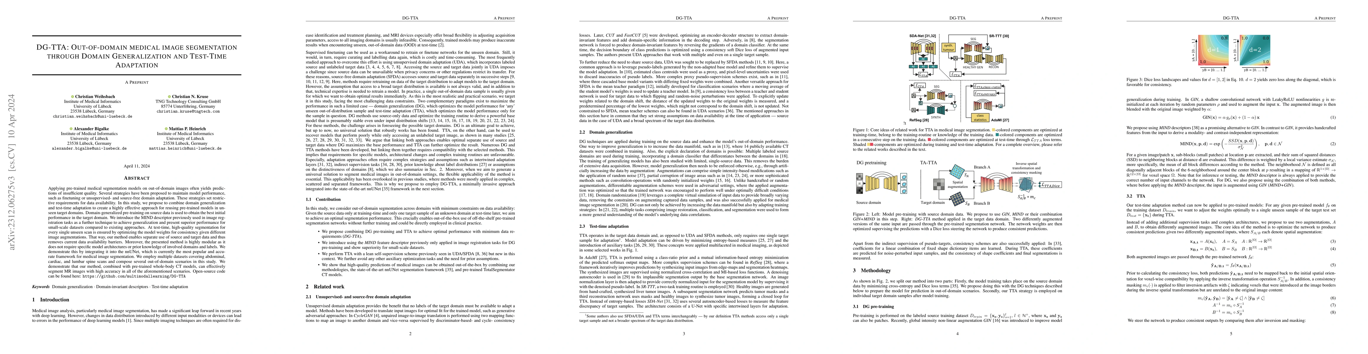 Thumbnail for DG-TTA: Out-of-domain medical image segmentation through Domain
  Generalization and Test-Time Adaptation