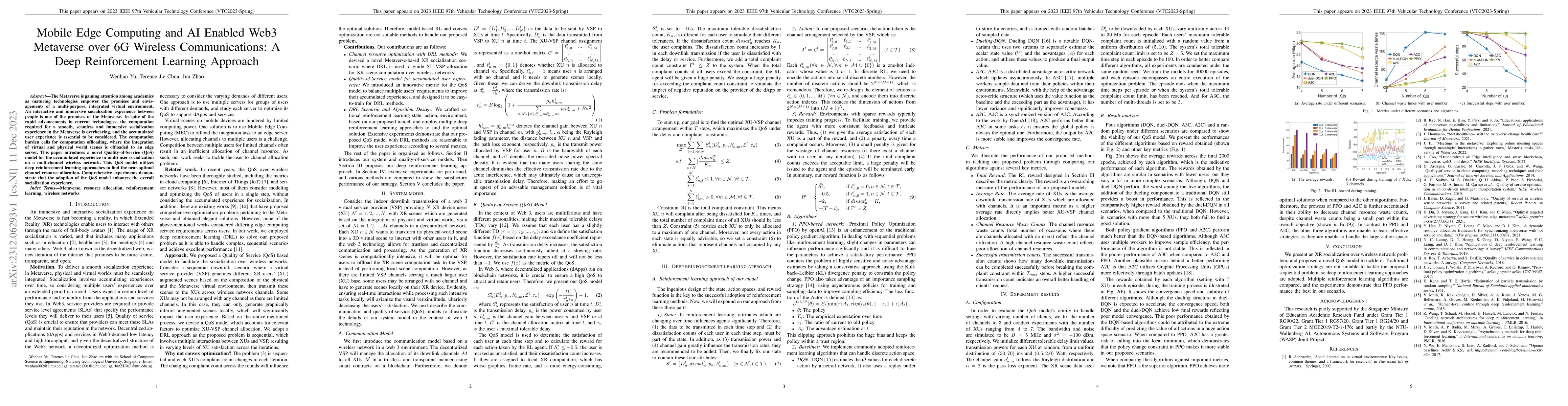 Thumbnail for Mobile Edge Computing and AI Enabled Web3 Metaverse over 6G Wireless
  Communications: A Deep Reinforcement Learning Approach