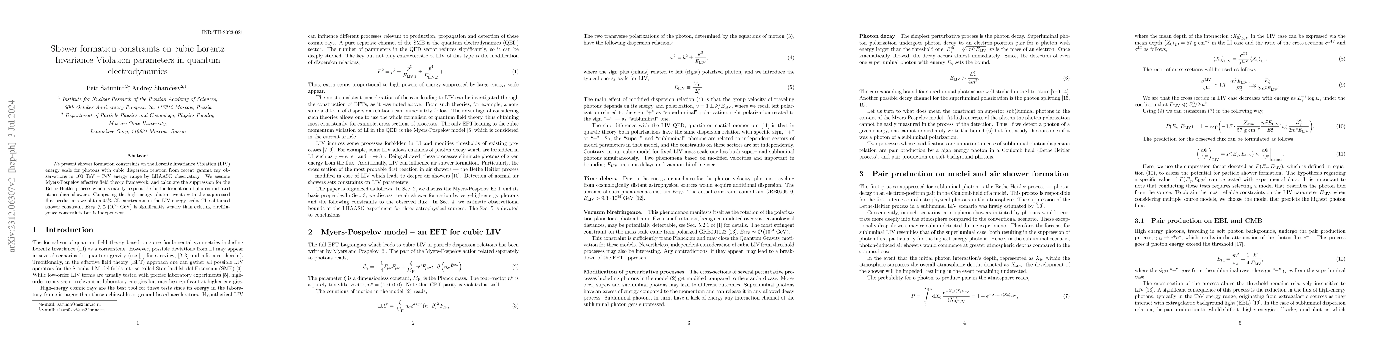 Thumbnail for Shower formation constraints on cubic Lorentz Invariance Violation
  parameters in quantum electrodynamics
