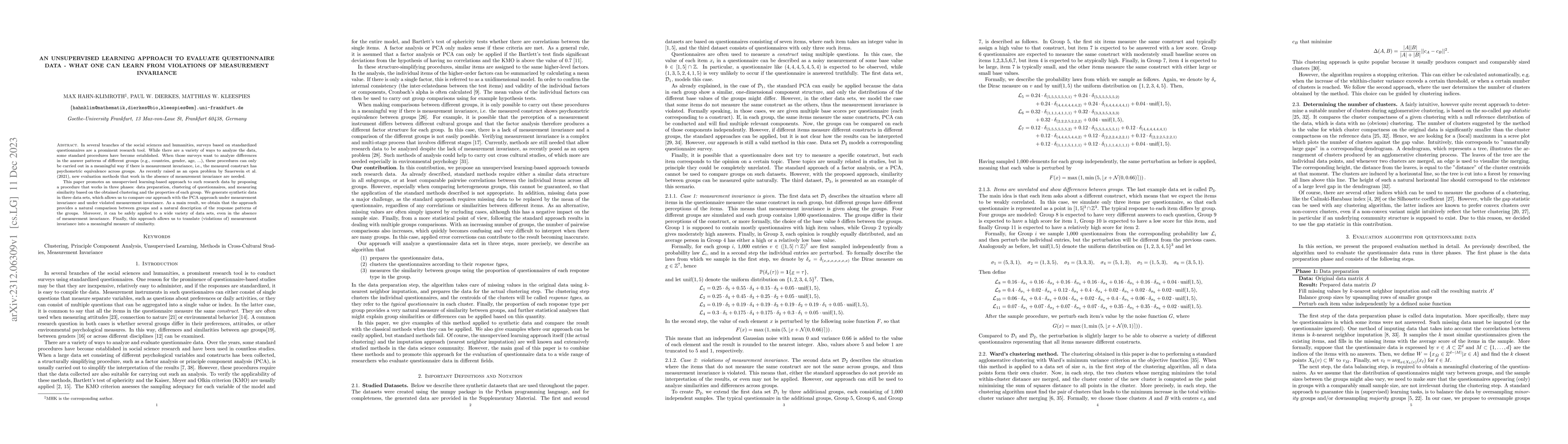 Thumbnail for An unsupervised learning approach to evaluate questionnaire data -- what
  one can learn from violations of measurement invariance