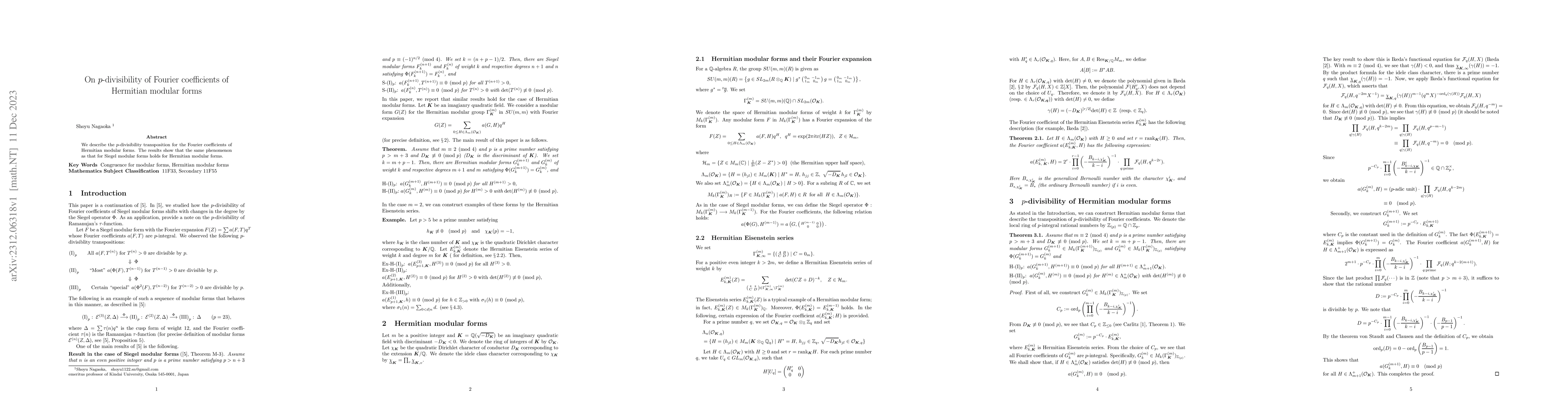 Thumbnail for On p-divisibility of Fourier coefficients of Hermitian modular forms