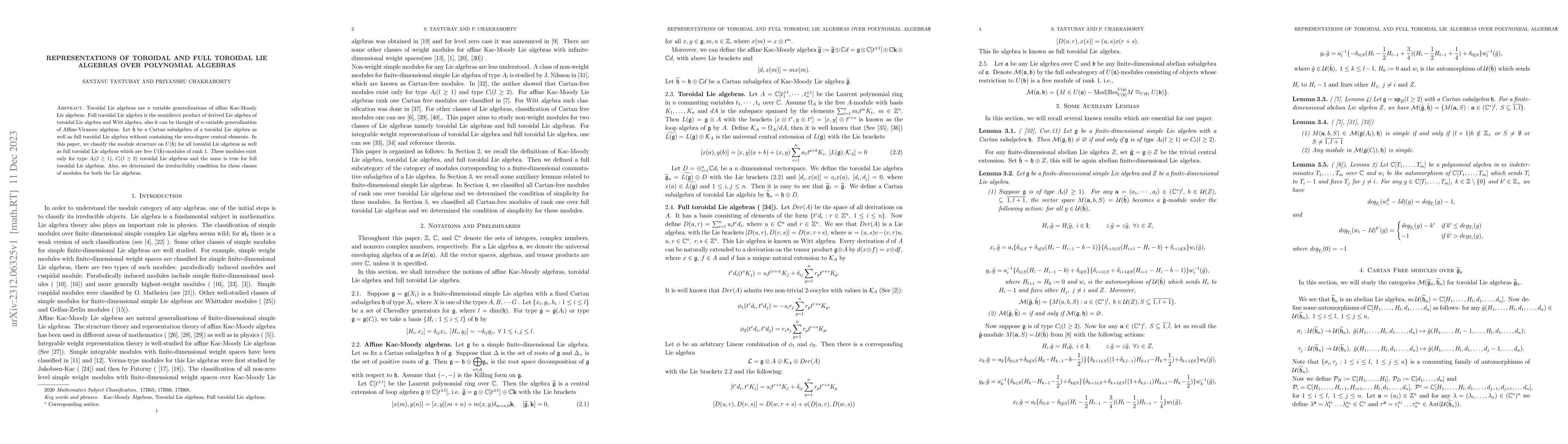 Thumbnail for Representations of Toroidal and Full toroidal Lie algebras over
  polynomial algebras
