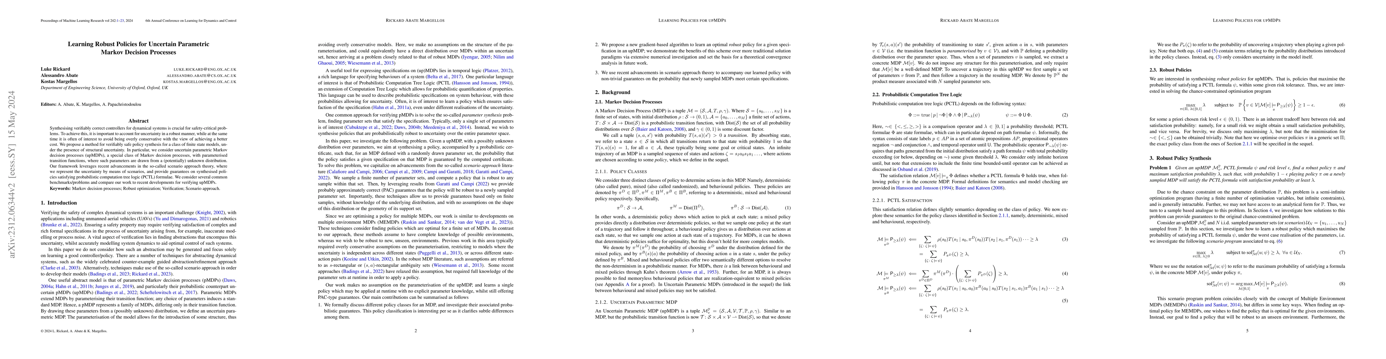 Thumbnail for Learning Robust Policies for Uncertain Parametric Markov Decision
  Processes