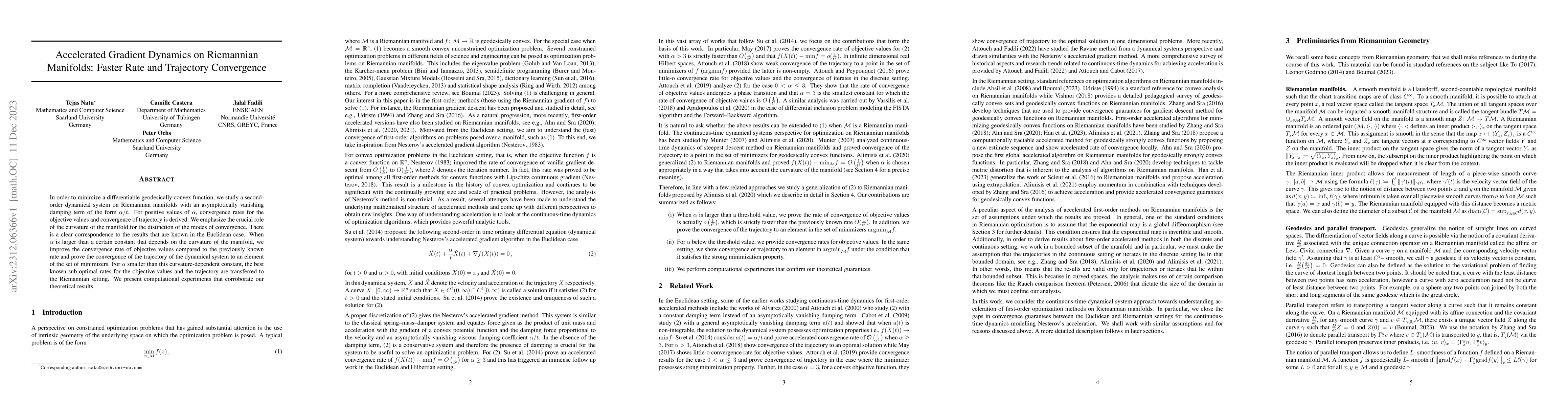 Thumbnail for Accelerated Gradient Dynamics on Riemannian Manifolds: Faster Rate and
  Trajectory Convergence